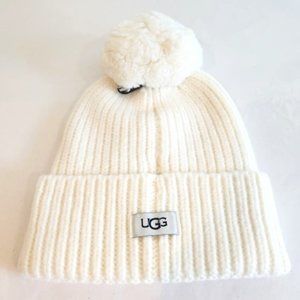 UGG Ribbed Beanie Hat with Pom-Pom Trim, Ivory